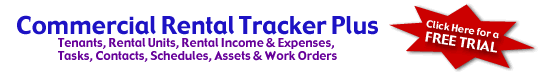 Commercial Rental Tracker Plus is leasing software that helps rental managers keep track of their commercial units, tenants, schedules, expenses and income.