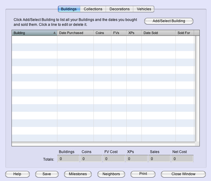 FarmVille Tracker Assets window